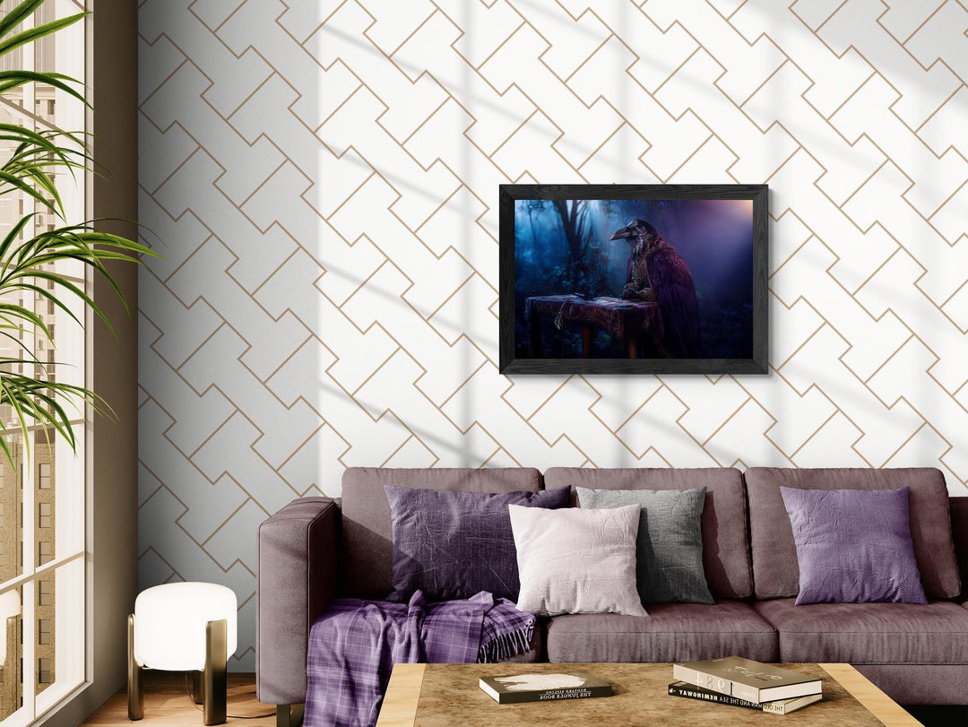 Raven in ornate cloak reading tarot cards at a table in moonlit forest, mystical dark fantasy poster wall art