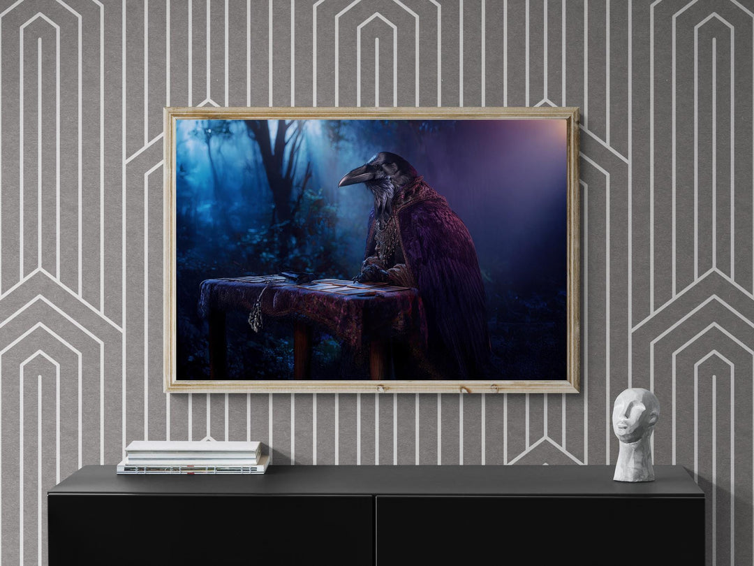 Raven in ornate cloak reading tarot cards at a table in moonlit forest, mystical dark fantasy poster wall art