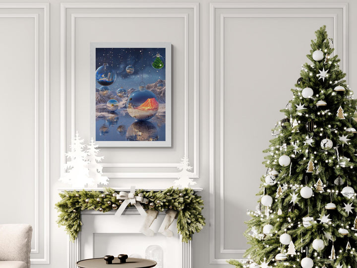 Surreal Ornament Canvas Wall Art | Fantasy Holiday Scene with Glass Globes & Dreamlike Winter Landscape
