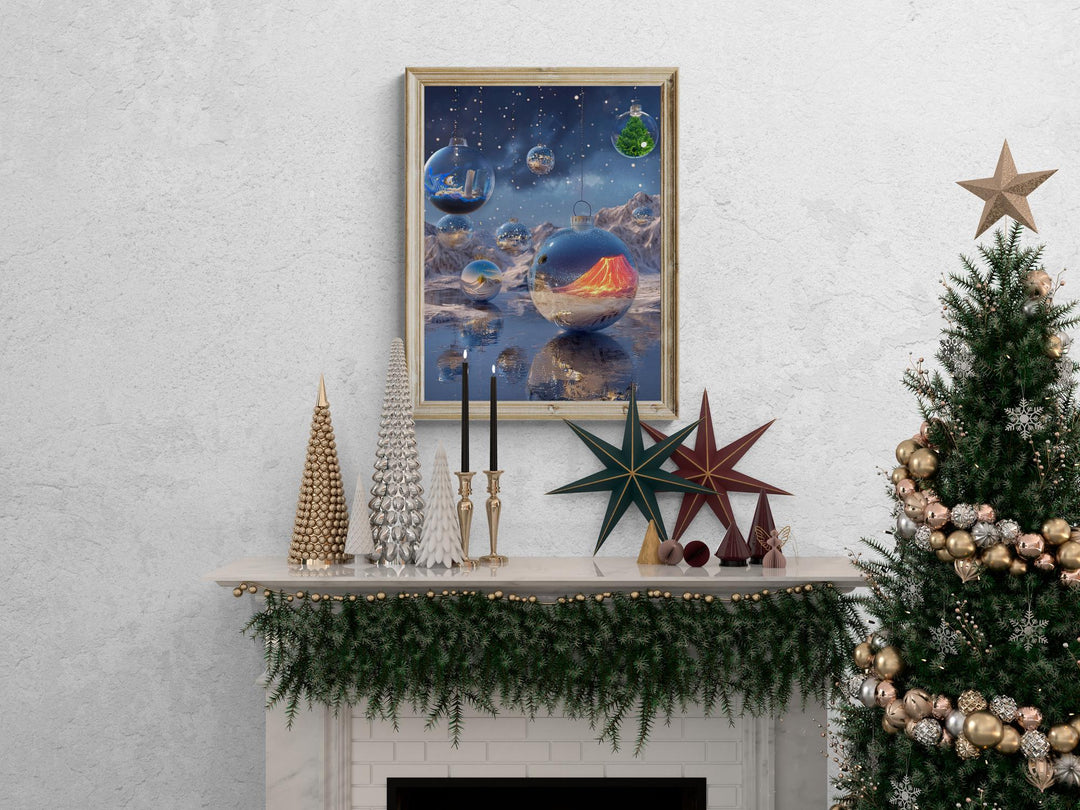 Surreal Ornament Canvas Wall Art | Fantasy Holiday Scene with Glass Globes & Dreamlike Winter Landscape