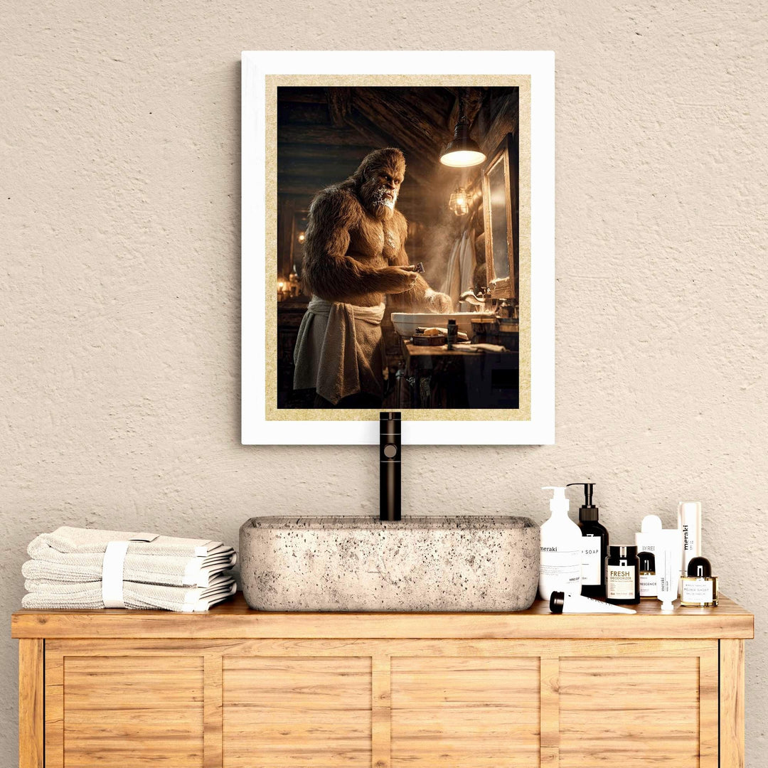 Unframed humorous Bigfoot bathroom poster featuring Sasquatch wrapped in a towel and shaving in a rustic log cabin bathroom. This playful wall art blends cryptid folklore with cozy mountain lodge décor, perfect for Smoky Mountains, Pacific Northwest, or Adirondack-style homes. Available in 8x10, 12x16, 16x20, and 18x24 inches.