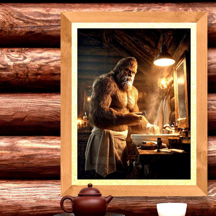 Unframed humorous Bigfoot bathroom poster featuring Sasquatch wrapped in a towel and shaving in a rustic log cabin bathroom. This playful wall art blends cryptid folklore with cozy mountain lodge décor, perfect for Smoky Mountains, Pacific Northwest, or Adirondack-style homes. Available in 8x10, 12x16, 16x20, and 18x24 inches.
