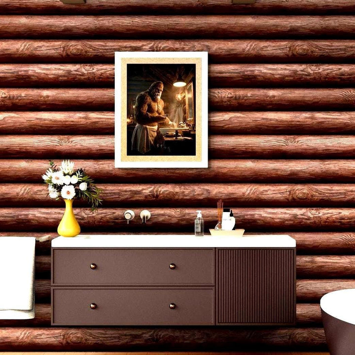Unframed humorous Bigfoot bathroom poster featuring Sasquatch wrapped in a towel and shaving in a rustic log cabin bathroom. This playful wall art blends cryptid folklore with cozy mountain lodge décor, perfect for Smoky Mountains, Pacific Northwest, or Adirondack-style homes. Available in 8x10, 12x16, 16x20, and 18x24 inches.