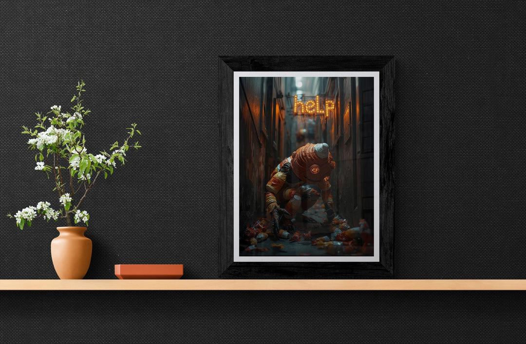 “Weirdcore Halloween poster of a stitched candy corn man kneeling in a neon-lit alley picking up candy wrappers, with a glowing ‘HELP’ sign in the background. Creepy, surreal wall art with bold colors and spooky urban atmosphere.”