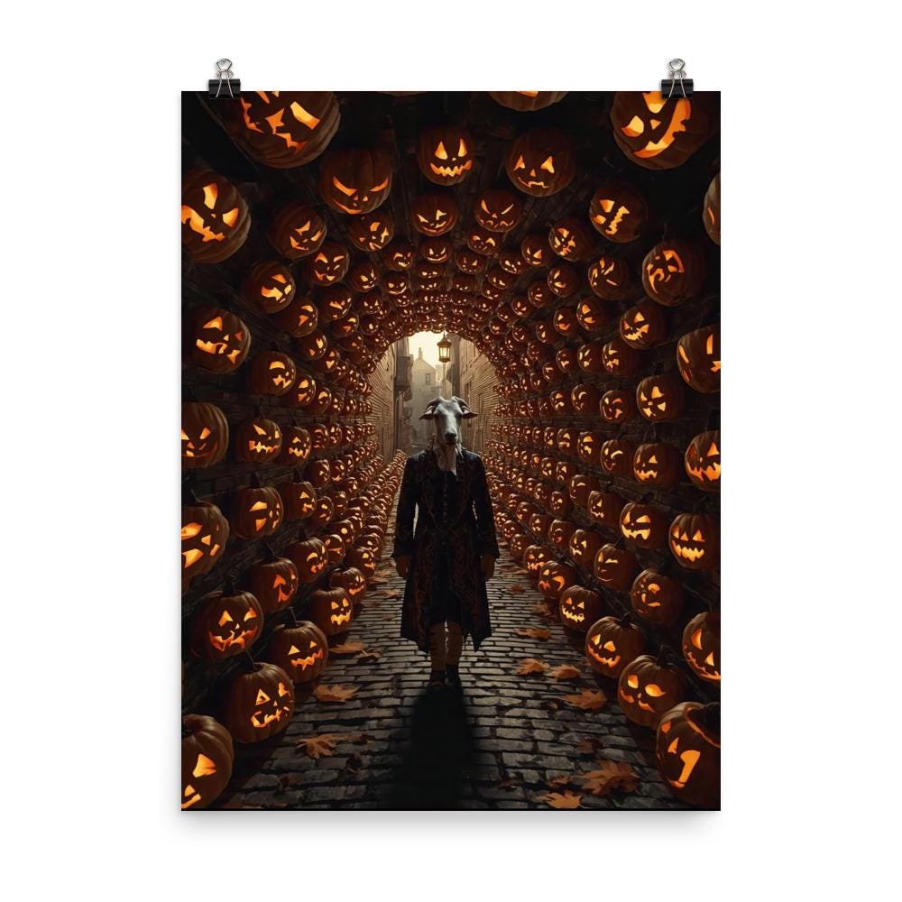 Weirdcore Halloween art print of a goat-headed man in a Victorian waistcoat walking a cobblestone path under a glowing jack-o’-lantern tunnel. Creepy, surreal wall art with liminal space and eerie, magical vibes.