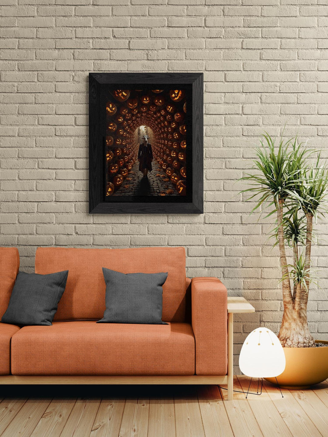 Weirdcore Halloween art print of a goat-headed man in a Victorian waistcoat walking a cobblestone path under a glowing jack-o’-lantern tunnel. Creepy, surreal wall art with liminal space and eerie, magical vibes.
