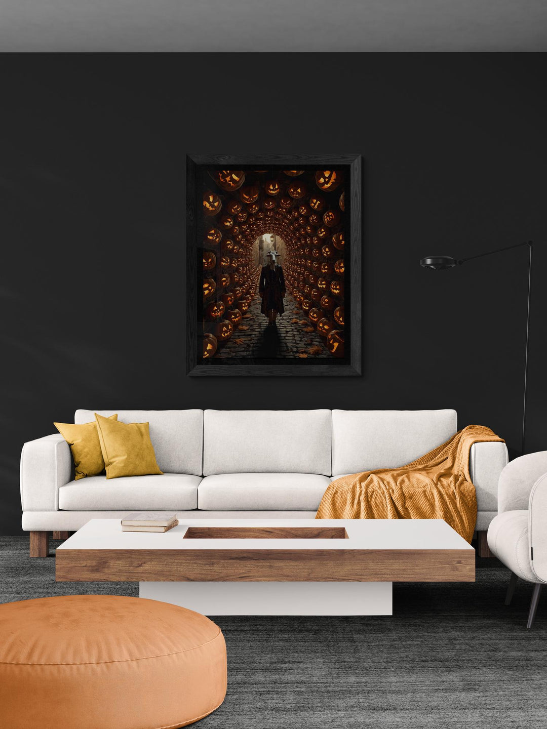 Weirdcore Halloween art print of a goat-headed man in a Victorian waistcoat walking a cobblestone path under a glowing jack-o’-lantern tunnel. Creepy, surreal wall art with liminal space and eerie, magical vibes.