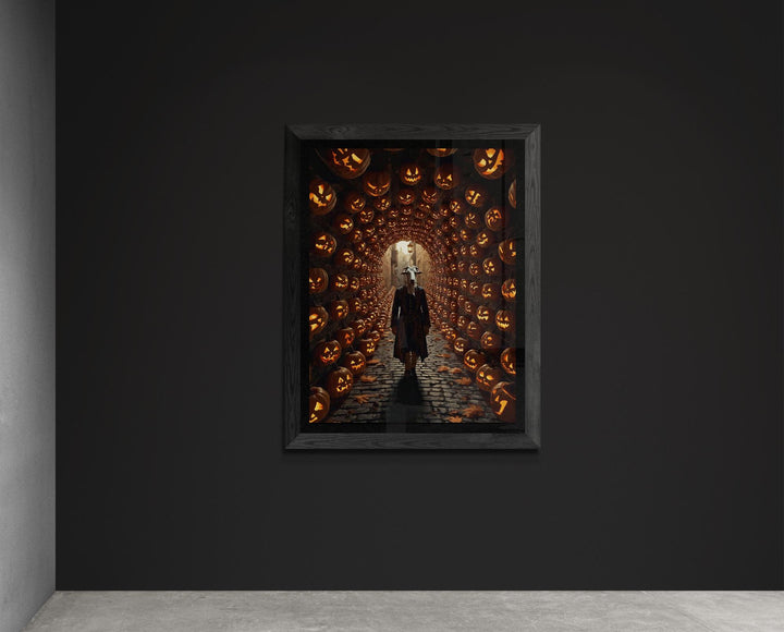 Weirdcore Halloween art print of a goat-headed man in a Victorian waistcoat walking a cobblestone path under a glowing jack-o’-lantern tunnel. Creepy, surreal wall art with liminal space and eerie, magical vibes.