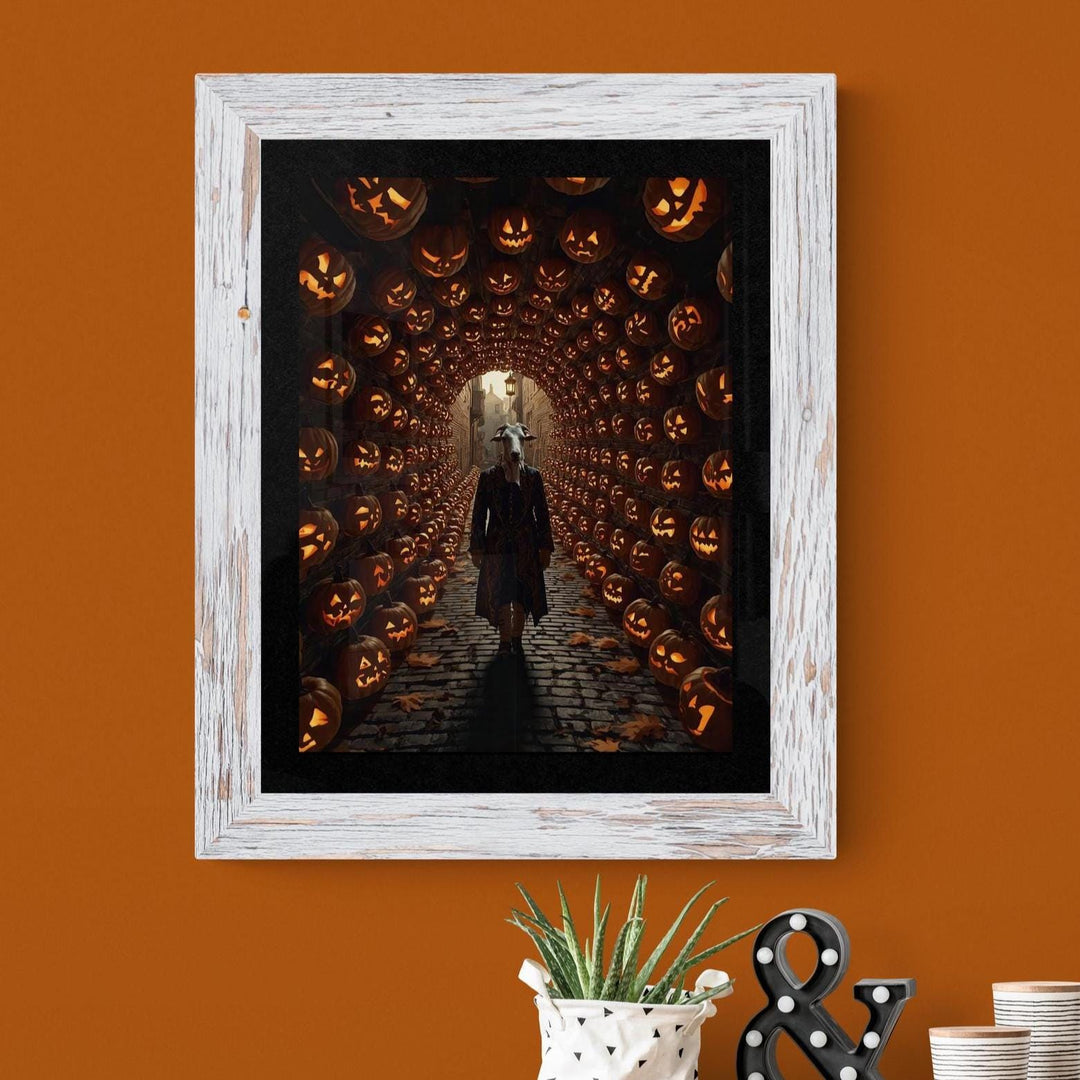 Weirdcore Halloween art print of a goat-headed man in a Victorian waistcoat walking a cobblestone path under a glowing jack-o’-lantern tunnel. Creepy, surreal wall art with liminal space and eerie, magical vibes.