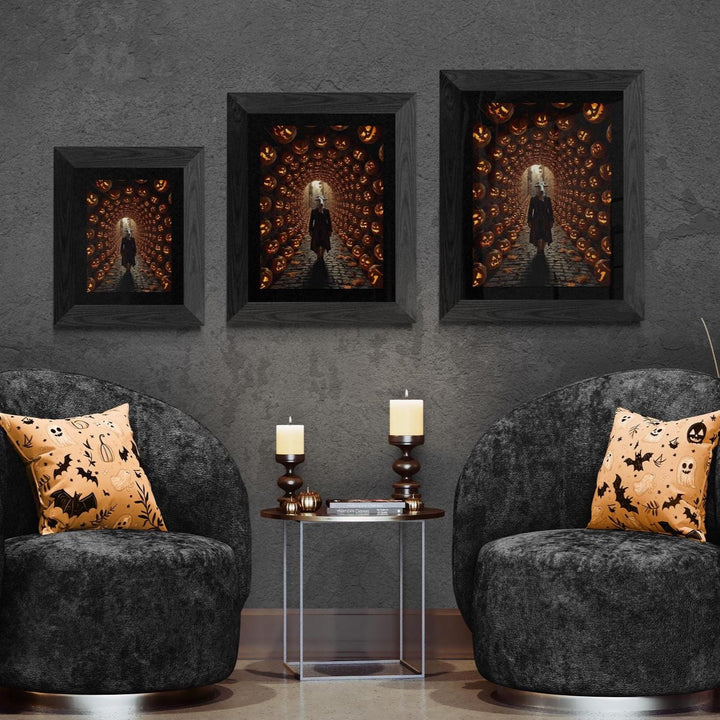 Weirdcore Halloween art print of a goat-headed man in a Victorian waistcoat walking a cobblestone path under a glowing jack-o’-lantern tunnel. Creepy, surreal wall art with liminal space and eerie, magical vibes. Sizes 11x14, 16x20, 18x24