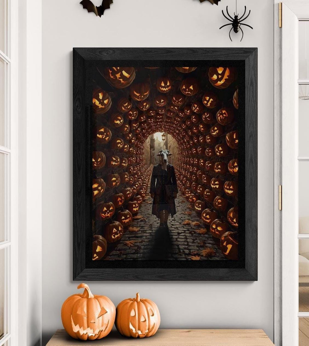 Weirdcore Halloween art print of a goat-headed man in a Victorian waistcoat walking a cobblestone path under a glowing jack-o’-lantern tunnel. Creepy, surreal wall art with liminal space and eerie, magical vibes.