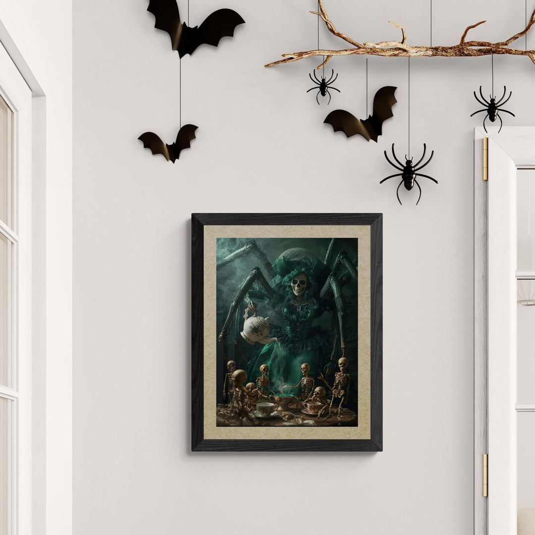 Weirdcore art print of a giant spider in a Victorian dress serving tea to tiny skeletons at a candlelit table. Creepy, gothic, surreal poster with rich colors and haunting atmosphere.