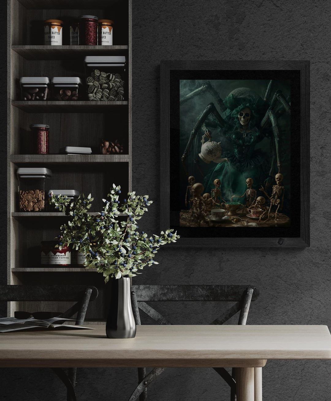 Weirdcore art print of a giant spider in a Victorian dress serving tea to tiny skeletons at a candlelit table. Creepy, gothic, surreal poster with rich colors and haunting atmosphere.