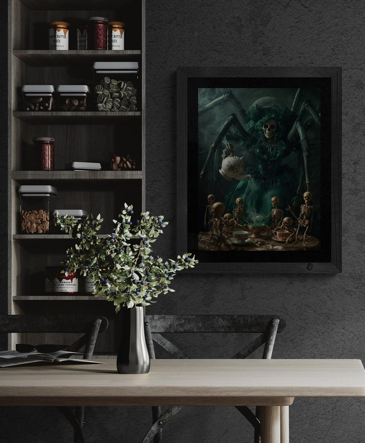 Weirdcore art print of a giant spider in a Victorian dress serving tea to tiny skeletons at a candlelit table. Creepy, gothic, surreal poster with rich colors and haunting atmosphere.
