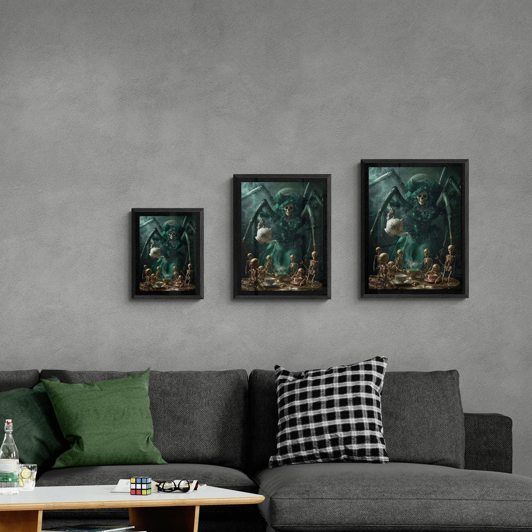 Weirdcore art print of a giant spider in a Victorian dress serving tea to tiny skeletons at a candlelit table. Creepy, gothic, surreal poster with rich colors and haunting atmosphere. Sizes 11x14, 16x20, 18x24 inches