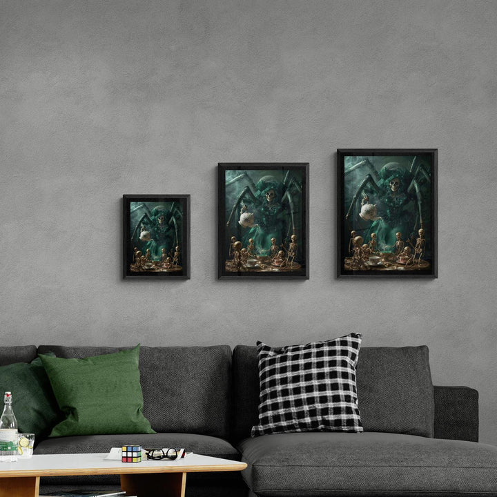 Weirdcore art print of a giant spider in a Victorian dress serving tea to tiny skeletons at a candlelit table. Creepy, gothic, surreal poster with rich colors and haunting atmosphere. Sizes 11x14, 16x20, 18x24 inches