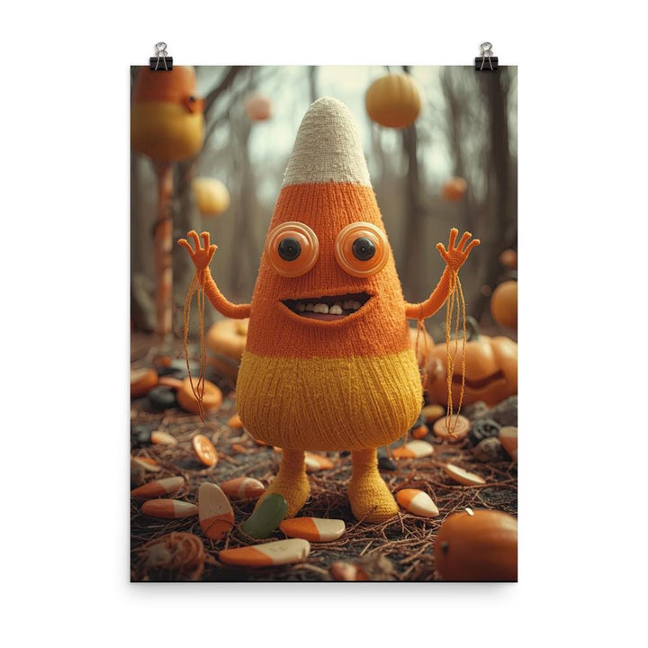 Illustration of a crocheted candy corn creature standing in a dimly lit field, with button eyes, dangling thread arms, and discarded candy scattered on the ground. Weirdcore, creepy-cute Halloween artwork with eerie atmosphere and detailed textures.