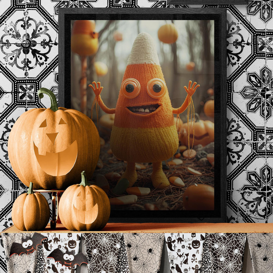 Illustration of a crocheted candy corn creature standing in a dimly lit field, with button eyes, dangling thread arms, and discarded candy scattered on the ground. Weirdcore, creepy-cute Halloween artwork with eerie atmosphere and detailed textures.