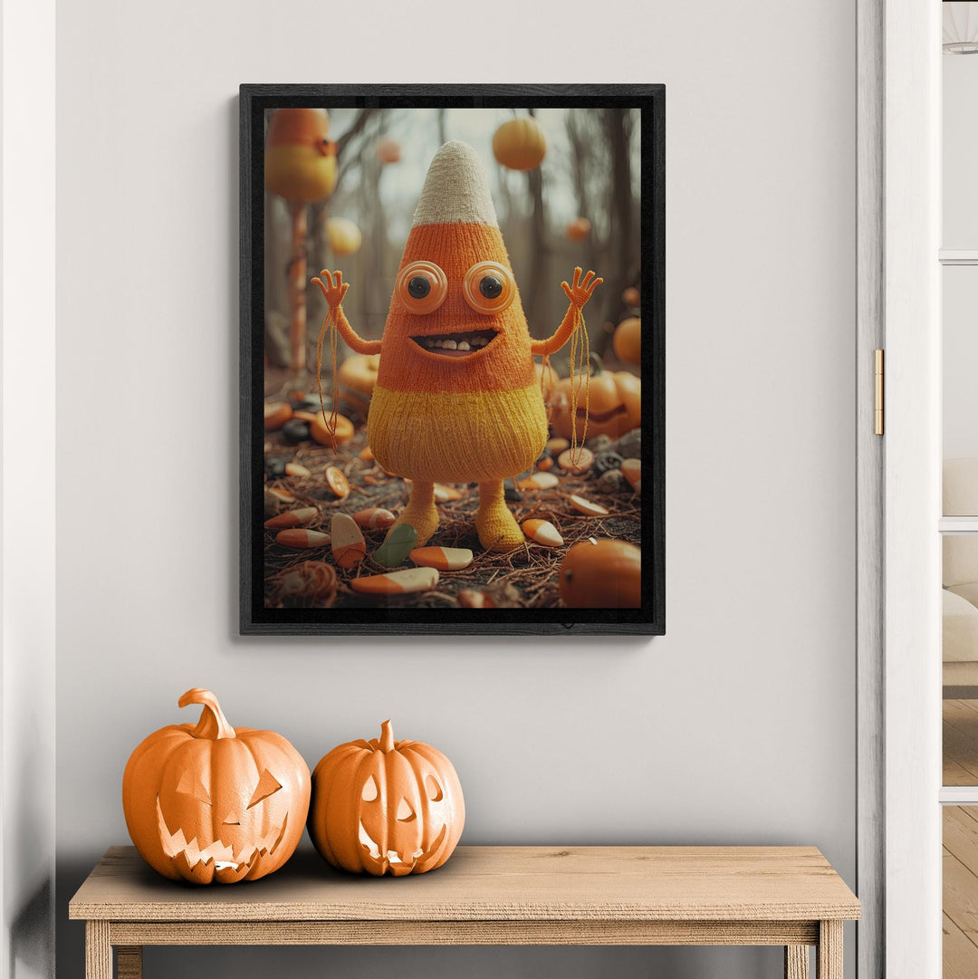 Illustration of a crocheted candy corn creature standing in a dimly lit field, with button eyes, dangling thread arms, and discarded candy scattered on the ground. Weirdcore, creepy-cute Halloween artwork with eerie atmosphere and detailed textures.
