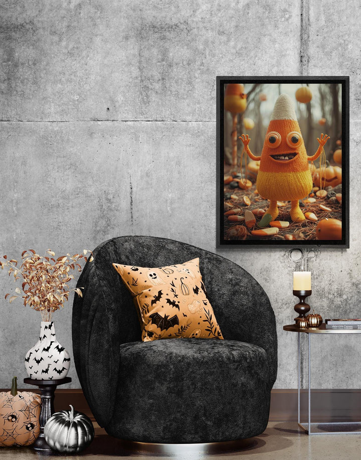 Illustration of a crocheted candy corn creature standing in a dimly lit field, with button eyes, dangling thread arms, and discarded candy scattered on the ground. Weirdcore, creepy-cute Halloween artwork with eerie atmosphere and detailed textures.