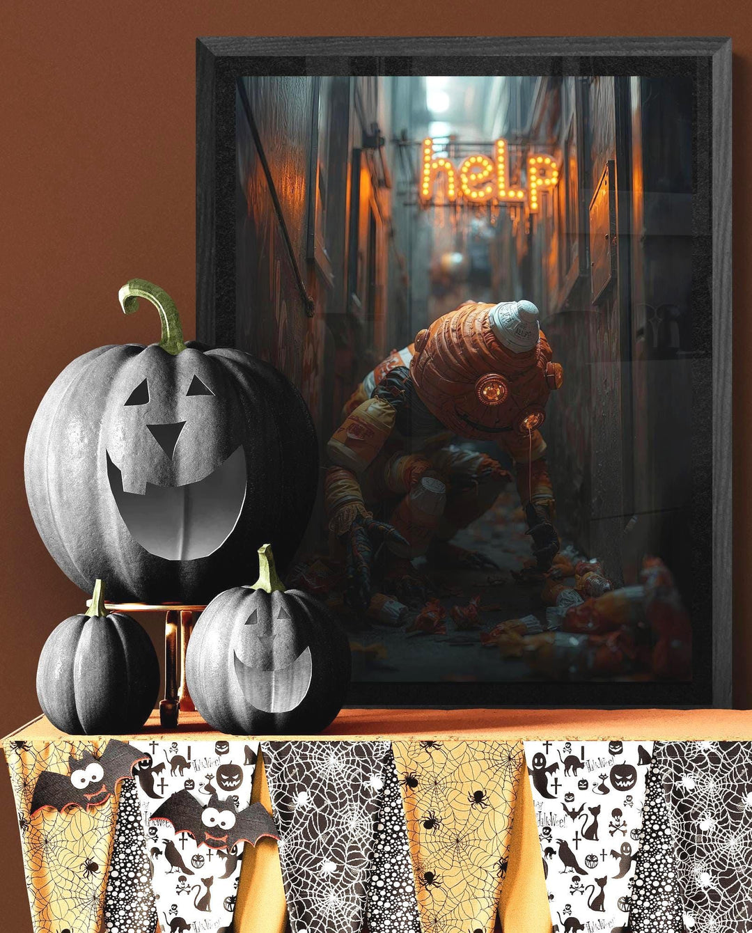 Weirdcore Halloween poster of a stitched candy corn man kneeling in a neon-lit alley picking up candy wrappers, with a glowing ‘HELP’ sign in the background. Creepy, surreal wall art with bold colors and spooky urban atmosphere.