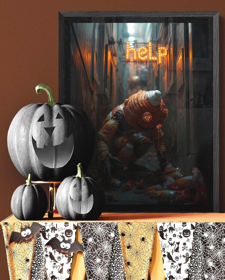 Weirdcore Halloween poster of a stitched candy corn man kneeling in a neon-lit alley picking up candy wrappers, with a glowing ‘HELP’ sign in the background. Creepy, surreal wall art with bold colors and spooky urban atmosphere.