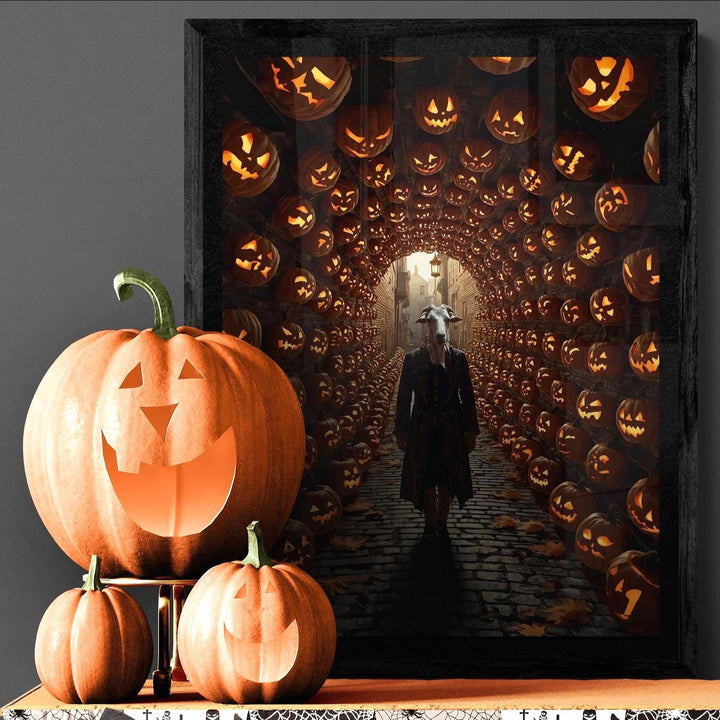 Weirdcore Halloween art print of a goat-headed man in a Victorian waistcoat walking a cobblestone path under a glowing jack-o’-lantern tunnel. Creepy, surreal wall art with liminal space and eerie, magical vibes.