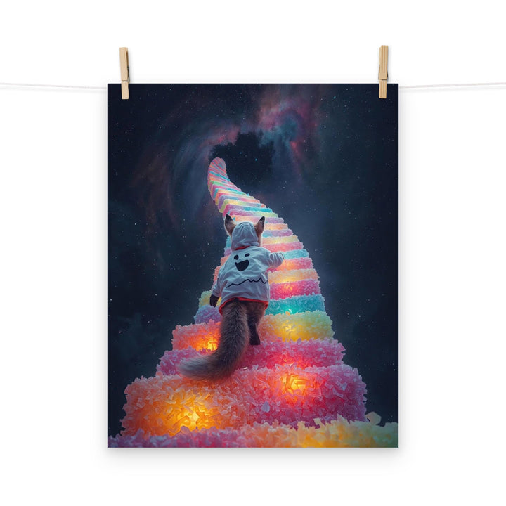 Weirdcore art poster of fox in a white ghost hoodie walking up glowing candy stairs into the starry night sky.
