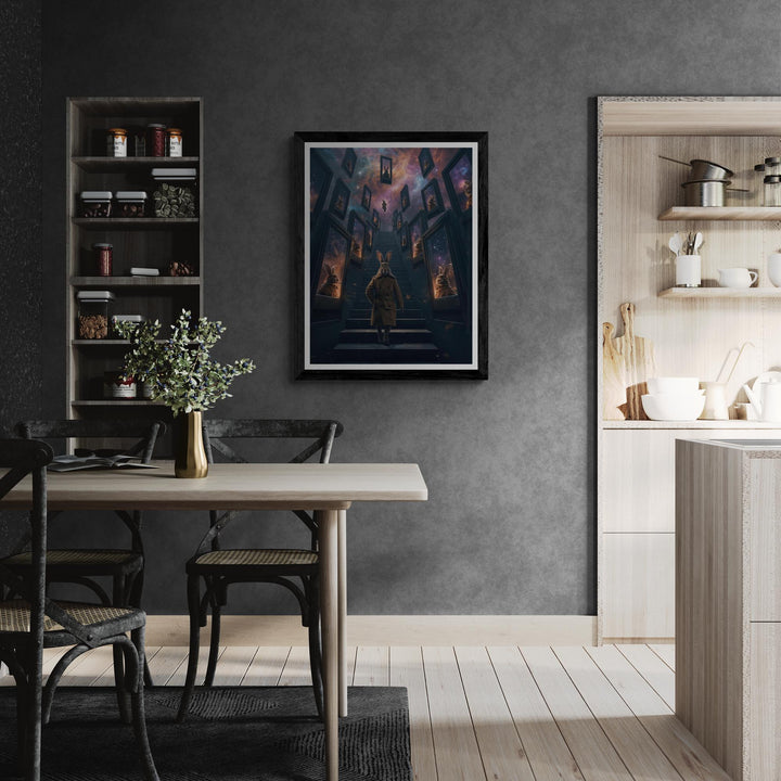 Anthropomorphic rabbit in a trench coat standing on an endless staircase in a surreal void. Floating mirrors hover around, each showing distorted reflections. Weirdcore dreamlike Halloween artwork with eerie atmosphere and liminal space aesthetic.