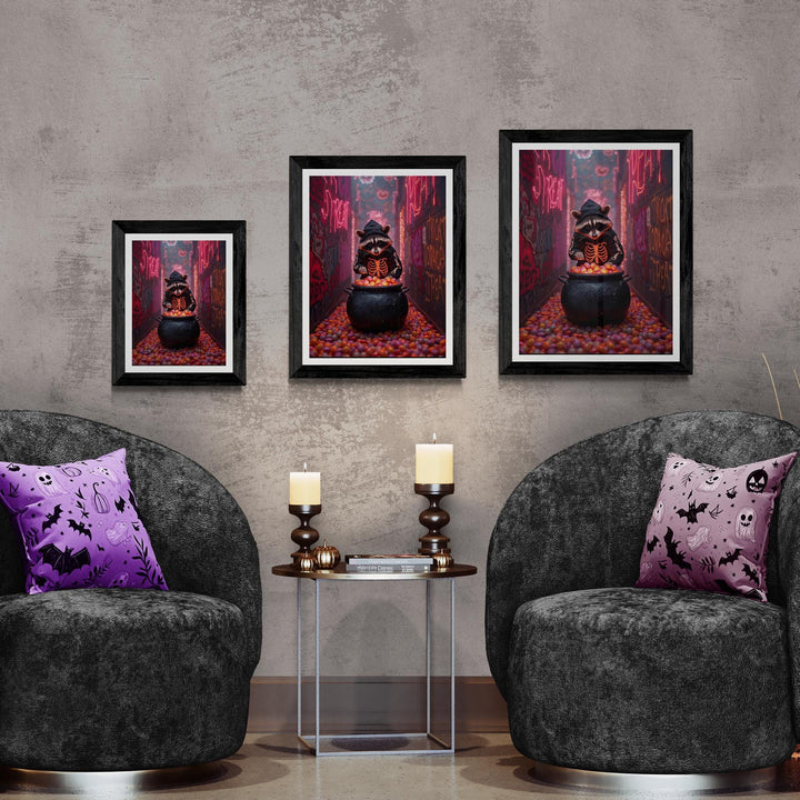 Raccoon in Skeleton Hoodie with Candy Cauldron standing in neon alleyway. Perfect for weirdcore halloween art fans.
