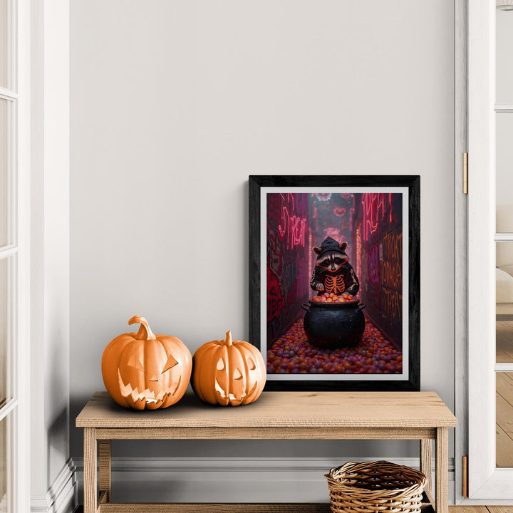 Raccoon in Skeleton Hoodie with Candy Cauldron standing in neon alleyway. Perfect for weirdcore halloween art fans.
