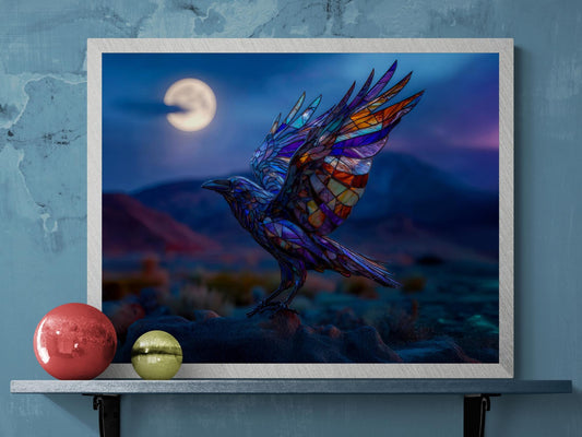 Stained glass raven canvas in horizontal format under glowing full moon, surreal fantasy wall art.