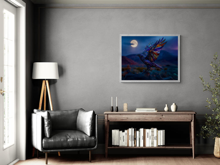Stained glass raven canvas in horizontal format under glowing full moon, surreal fantasy wall art.