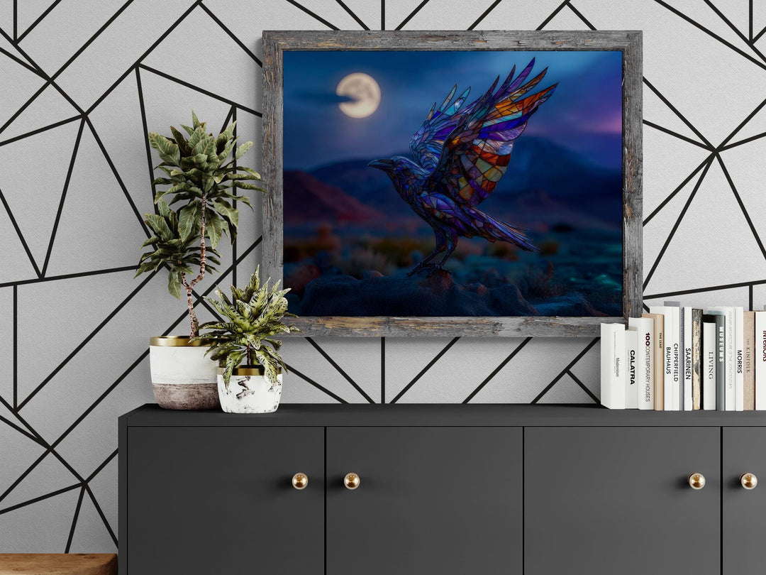 Stained glass raven canvas in horizontal format under glowing full moon, surreal fantasy wall art.