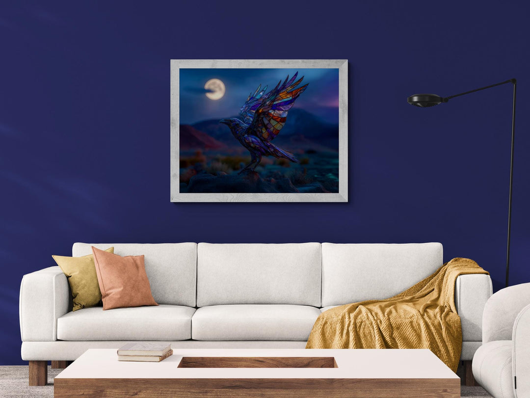Stained glass raven canvas in horizontal format under glowing full moon, surreal fantasy wall art.