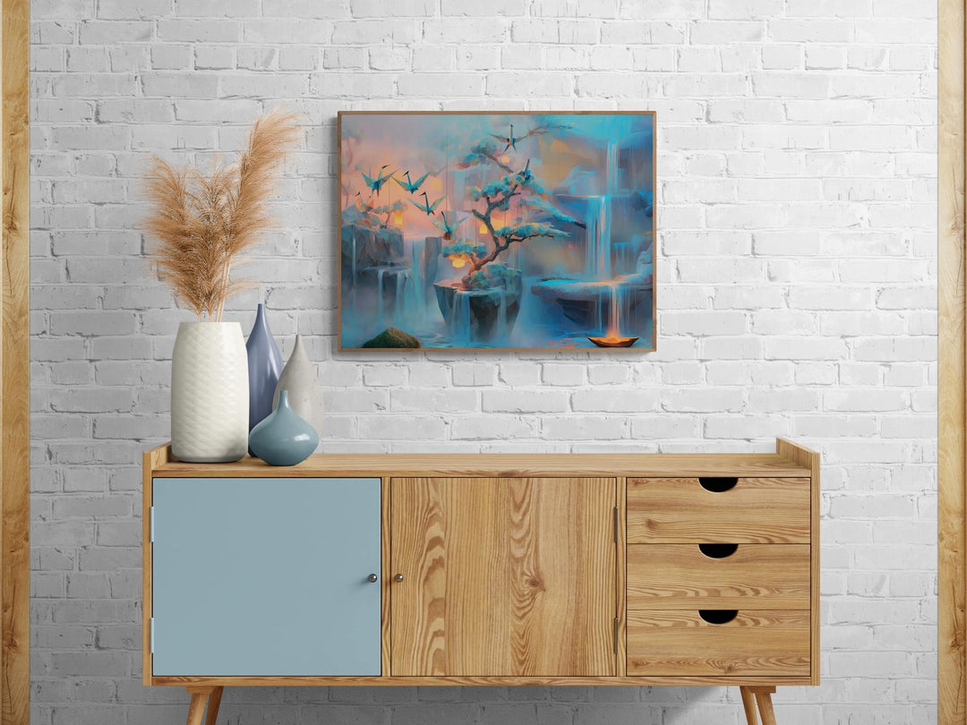 Calming fantasy wall art of origami cranes, waterfalls, and glowing lanterns in dreamlike colors
