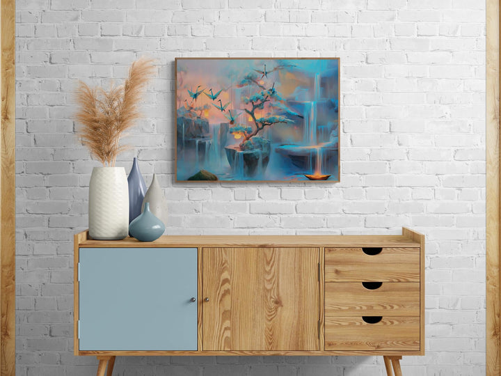 Calming fantasy wall art of origami cranes, waterfalls, and glowing lanterns in dreamlike colors