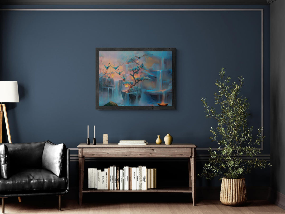 Calming fantasy wall art of origami cranes, waterfalls, and glowing lanterns in dreamlike colors
