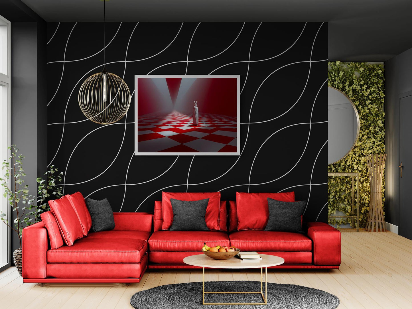 Oversized 30×40 surreal rabbit canvas with checkered hallway dreamcore décor.