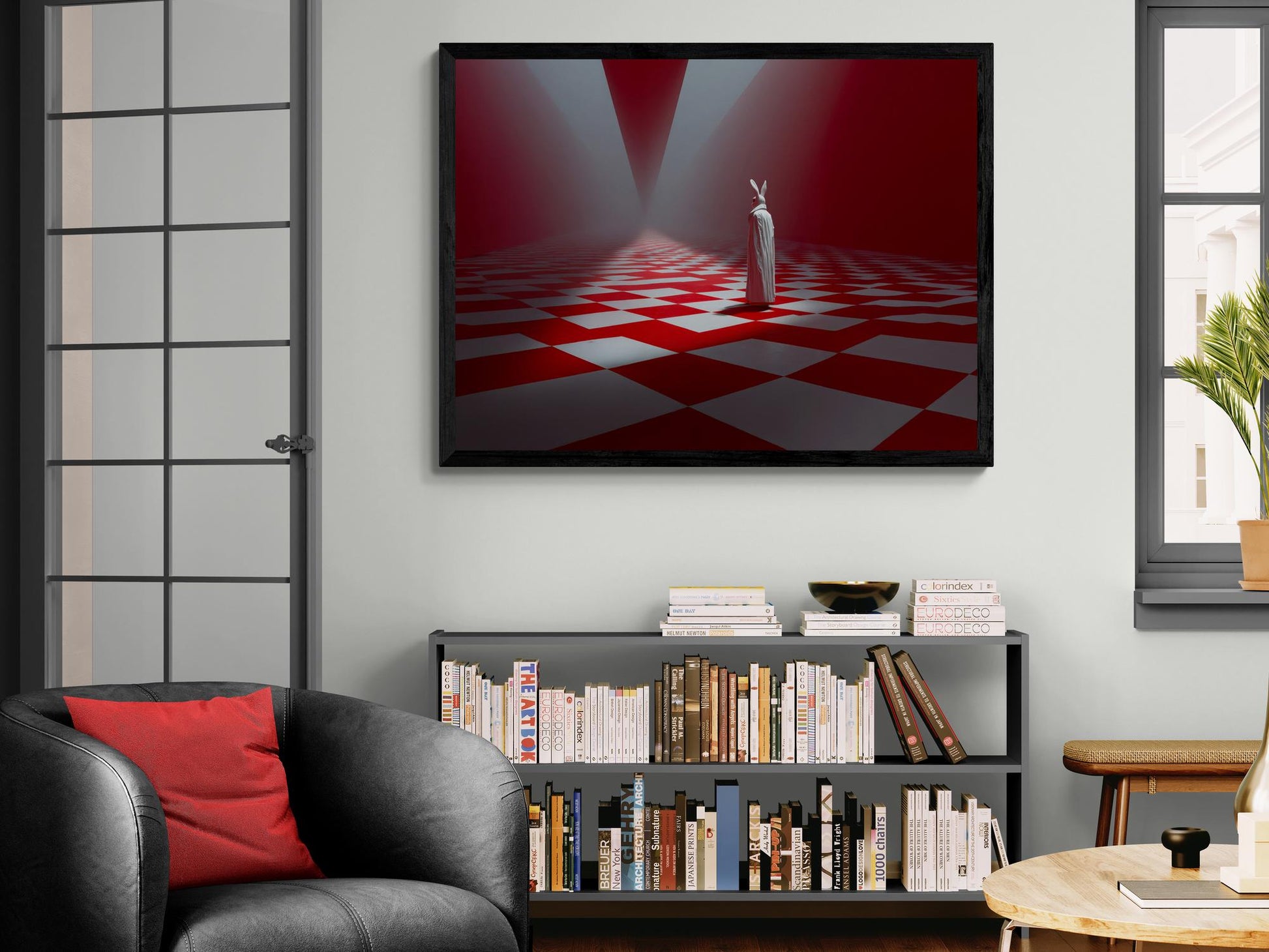 Surreal rabbit figure in white cloak standing on red and white geometric floor.