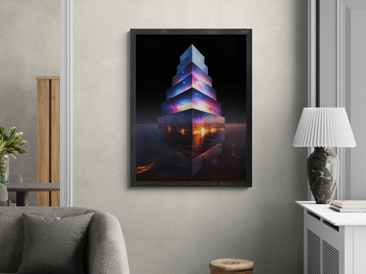Canvas artwork of surreal galaxy skyscraper glowing with cosmic light and city reflections.