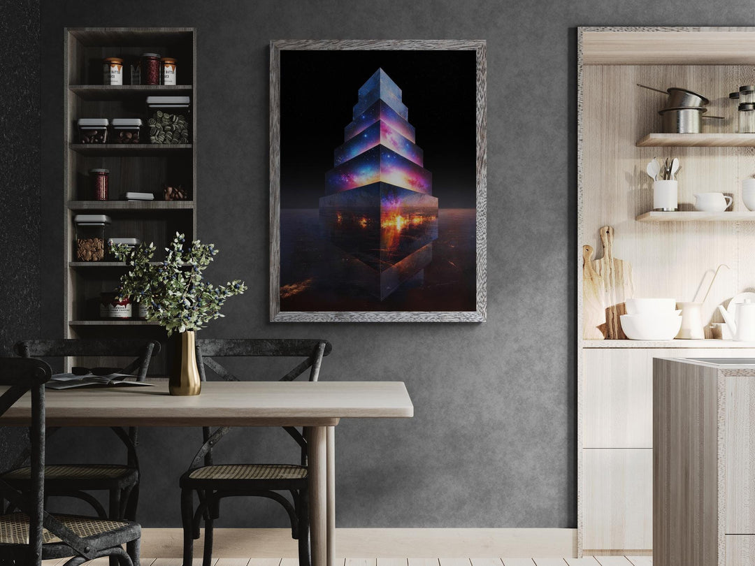Canvas artwork of surreal galaxy skyscraper glowing with cosmic light and city reflections.