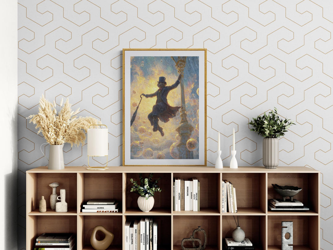 Fantasy poster of anthropomorphic cat with umbrella surrounded by glowing bubbles.