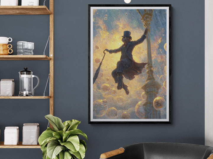 Whimsical cat in top hat swinging from lamppost with umbrella in surreal bubble sky poster.