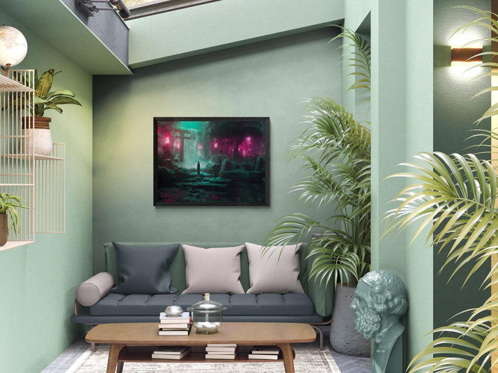 Canvas wall art of cyberpunk shrine and waterfall with pink teal neon light.