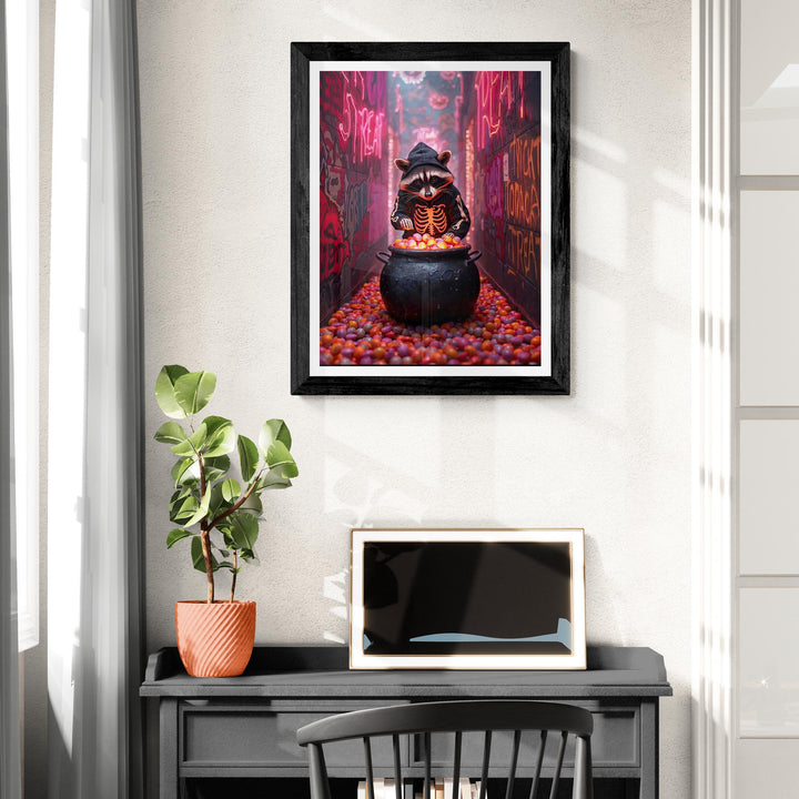 Raccoon in Skeleton Hoodie with Candy Cauldron standing in neon alleyway. Perfect for weirdcore halloween art fans.