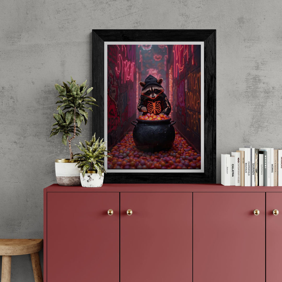 Raccoon in Skeleton Hoodie with Candy Cauldron standing in neon alleyway. Perfect for weirdcore halloween art fans.