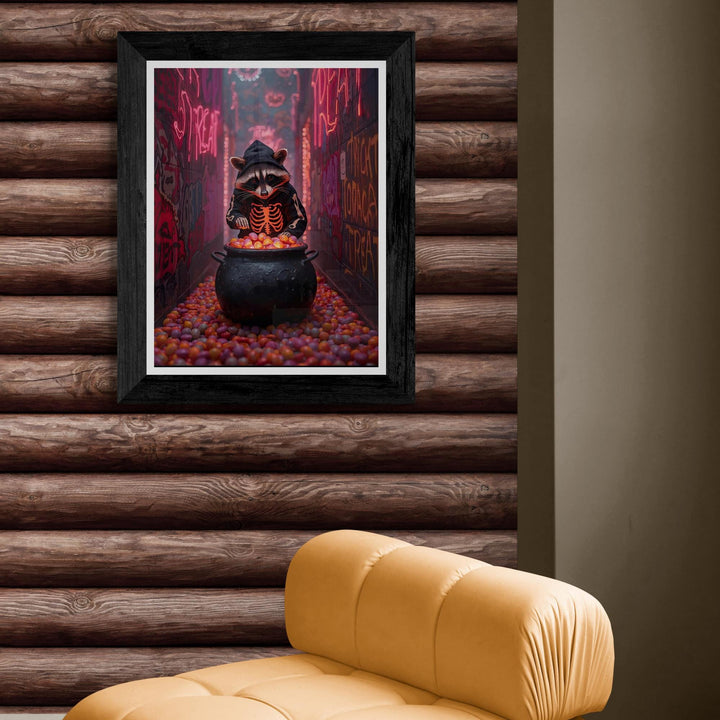 Raccoon in Skeleton Hoodie with Candy Cauldron standing in neon alleyway. Perfect for weirdcore halloween art fans.