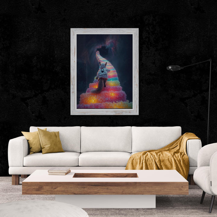 Weirdcore art poster of fox in a white ghost hoodie walking up glowing candy stairs into the starry night sky.