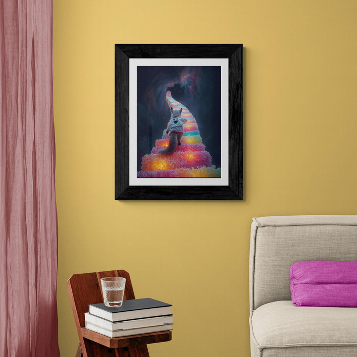 Weirdcore art poster of fox in a white ghost hoodie walking up glowing candy stairs into the starry night sky.